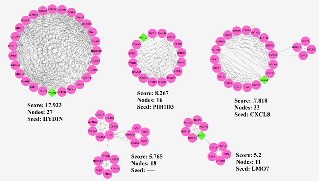 Figure 2. The selected sub-networks of the PPIN of genes studies dataset. Seed genes are shown in green diamonds